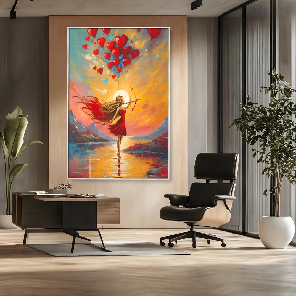 Tablou canvas cu pictura cu femeie armata cu arc si inimi, in rama de aluminiu argintiu, pe perete intr-un birou